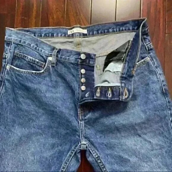 Zara Jeans Slim Fit Ankle Cropped Button Fly Vintage Dark Blue Size 18 - Picture 10 of 15